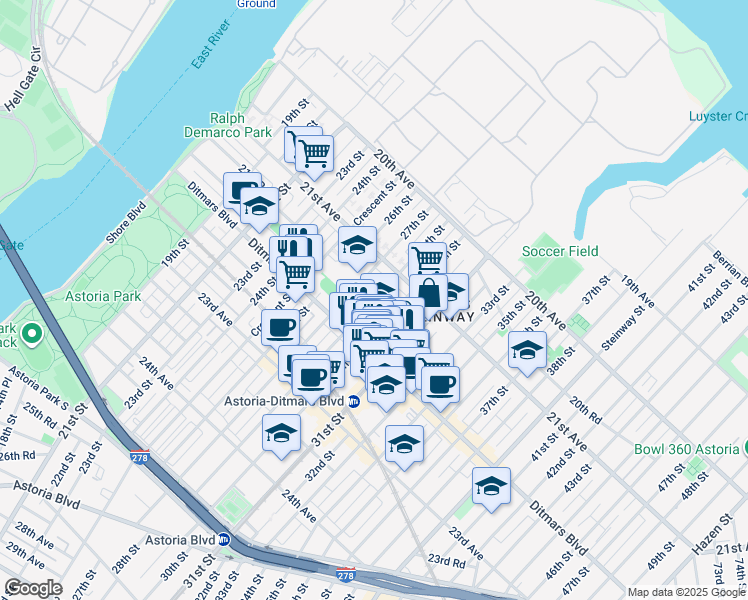 map of restaurants, bars, coffee shops, grocery stores, and more near 21-15 27th Street in Queens