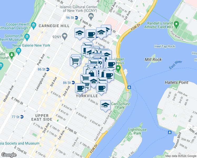 map of restaurants, bars, coffee shops, grocery stores, and more near 402 East 90th Street in New York