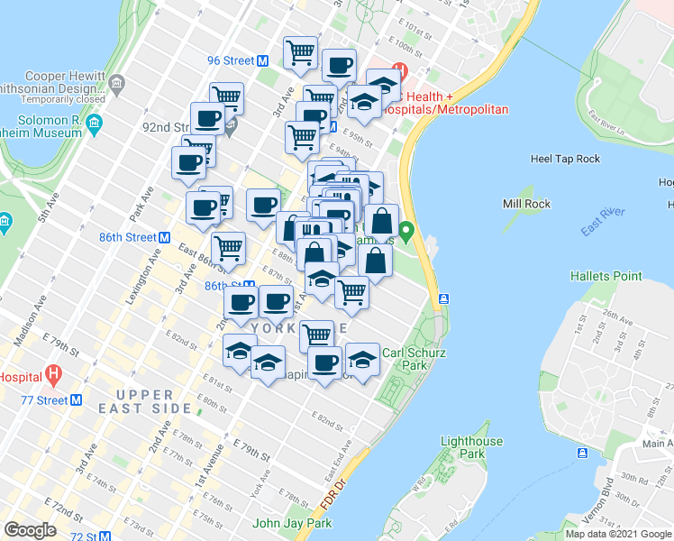 map of restaurants, bars, coffee shops, grocery stores, and more near 402 East 90th Street in New York