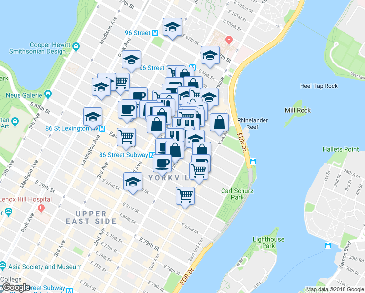 map of restaurants, bars, coffee shops, grocery stores, and more near in New York
