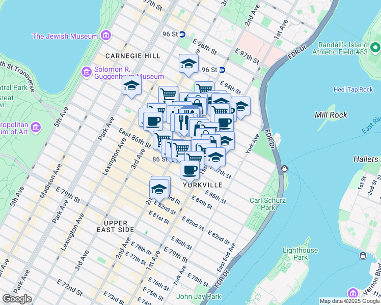 map of restaurants, bars, coffee shops, grocery stores, and more near 311 East 88th Street in New York
