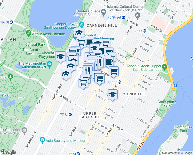 map of restaurants, bars, coffee shops, grocery stores, and more near 133 East 84th Street in New York