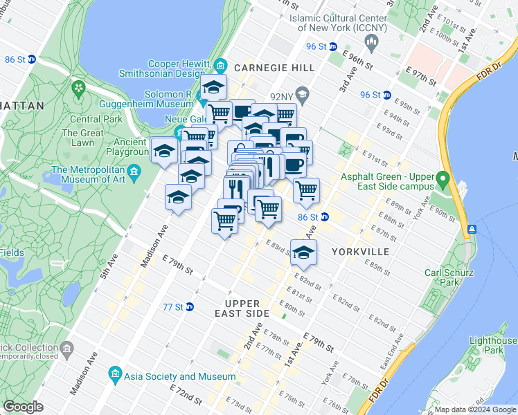 map of restaurants, bars, coffee shops, grocery stores, and more near 133 East 84th Street in New York