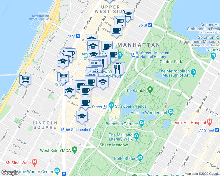 map of restaurants, bars, coffee shops, grocery stores, and more near 22 West 76th Street in New York
