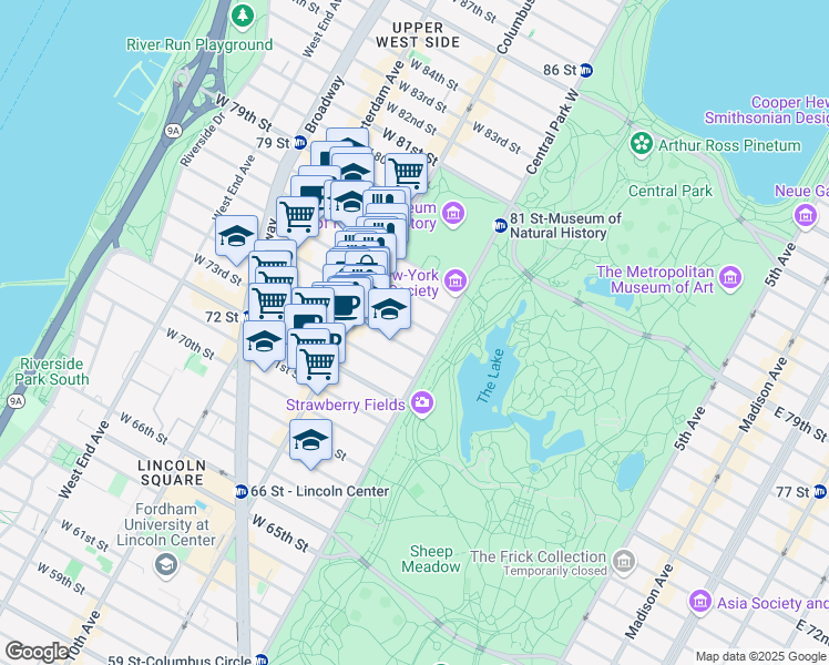 map of restaurants, bars, coffee shops, grocery stores, and more near 22 West 76th Street in New York