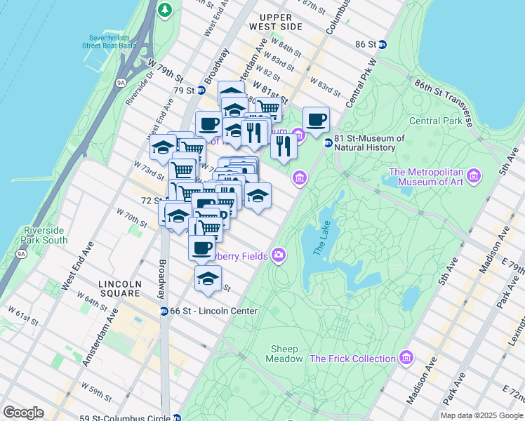 map of restaurants, bars, coffee shops, grocery stores, and more near 22 West 76th Street in New York