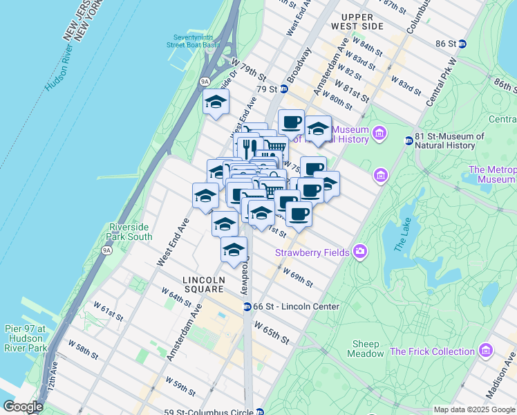map of restaurants, bars, coffee shops, grocery stores, and more near 259 Amsterdam Avenue in New York