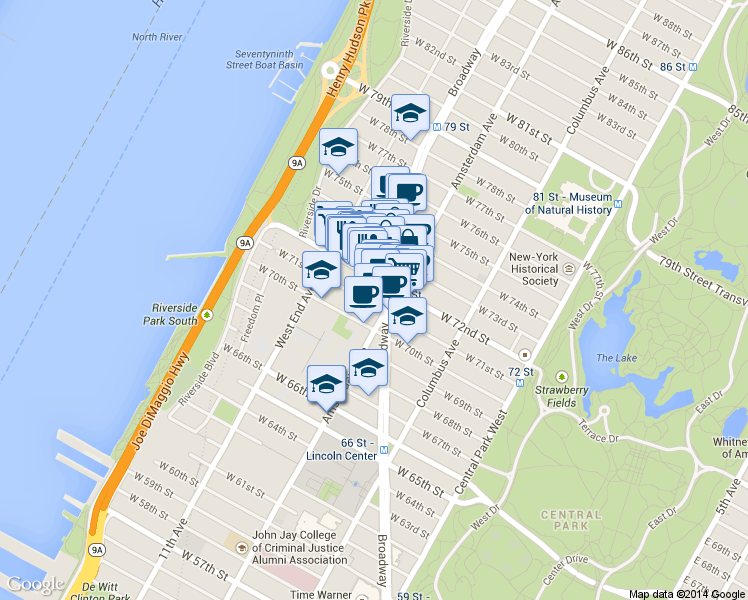 map of restaurants, bars, coffee shops, grocery stores, and more near 224 West 72nd Street in New York