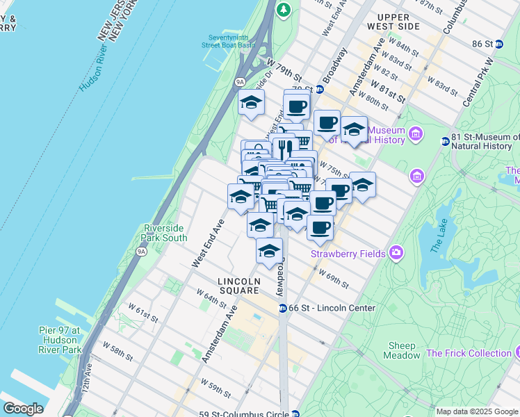 map of restaurants, bars, coffee shops, grocery stores, and more near 224 West 72nd Street in New York