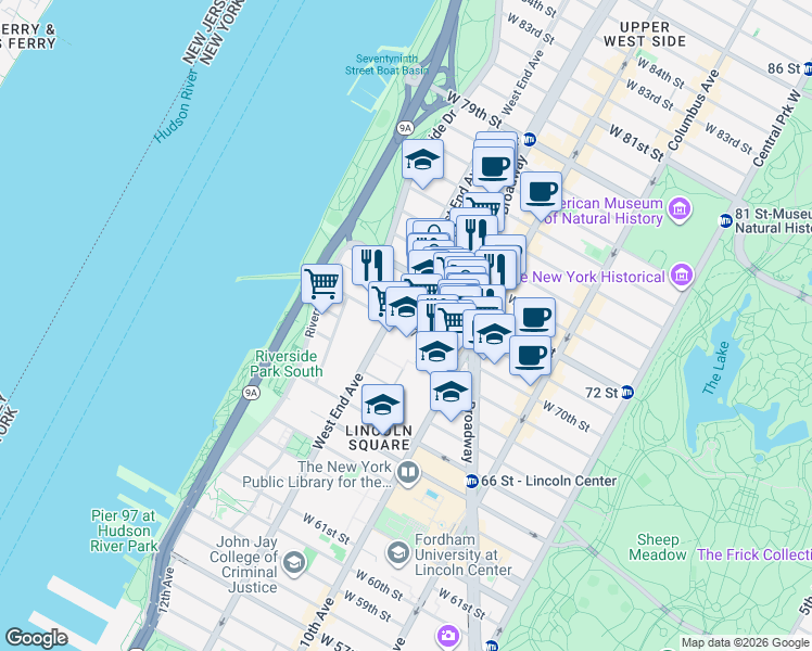 map of restaurants, bars, coffee shops, grocery stores, and more near in New York