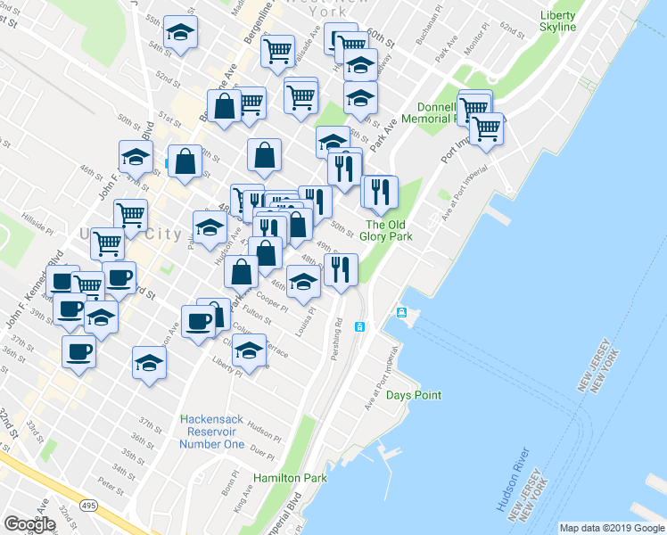map of restaurants, bars, coffee shops, grocery stores, and more near 29 49th Street in Weehawken