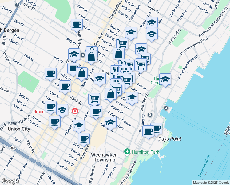 map of restaurants, bars, coffee shops, grocery stores, and more near 116 47th Street in Union City