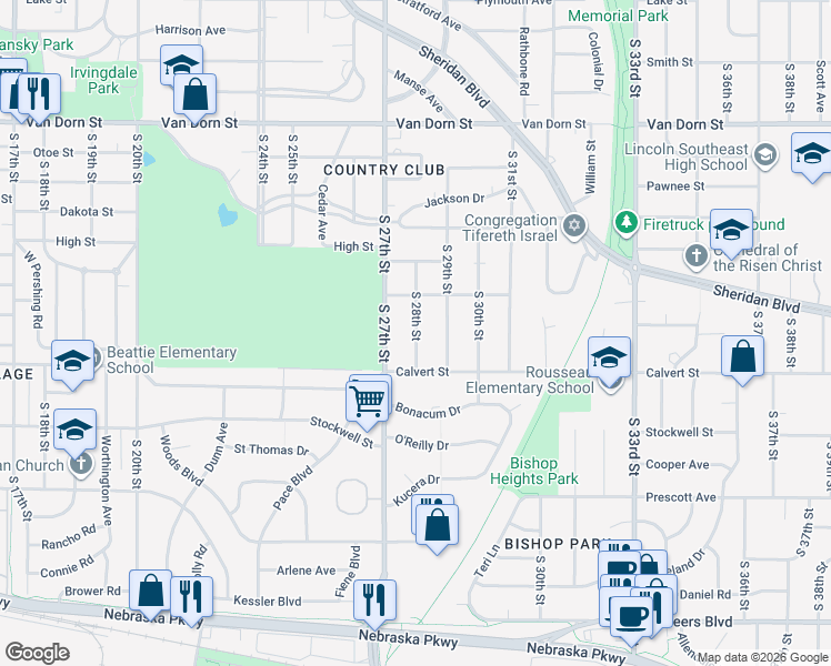 map of restaurants, bars, coffee shops, grocery stores, and more near 3316 South 28th Street in Lincoln