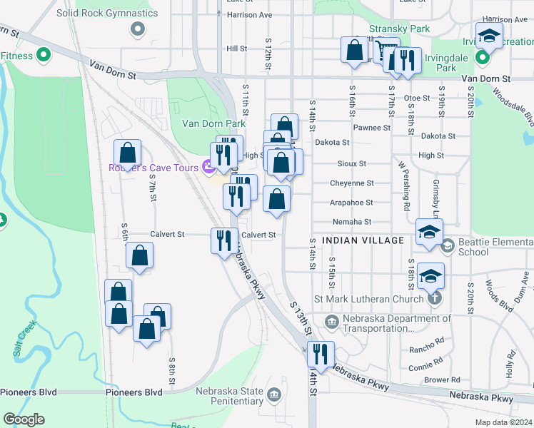 map of restaurants, bars, coffee shops, grocery stores, and more near 1101 Arapahoe Street in Lincoln