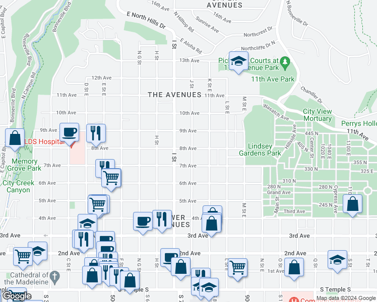 map of restaurants, bars, coffee shops, grocery stores, and more near 638 8th Avenue in Salt Lake City