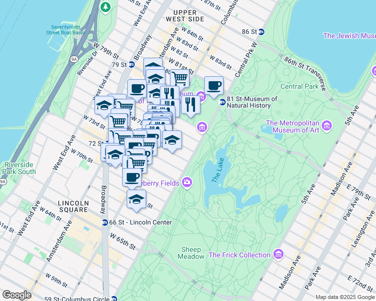 map of restaurants, bars, coffee shops, grocery stores, and more near 4 West 75th Street in New York