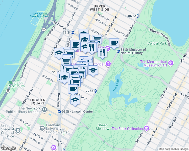 map of restaurants, bars, coffee shops, grocery stores, and more near 22 West 76th Street in New York