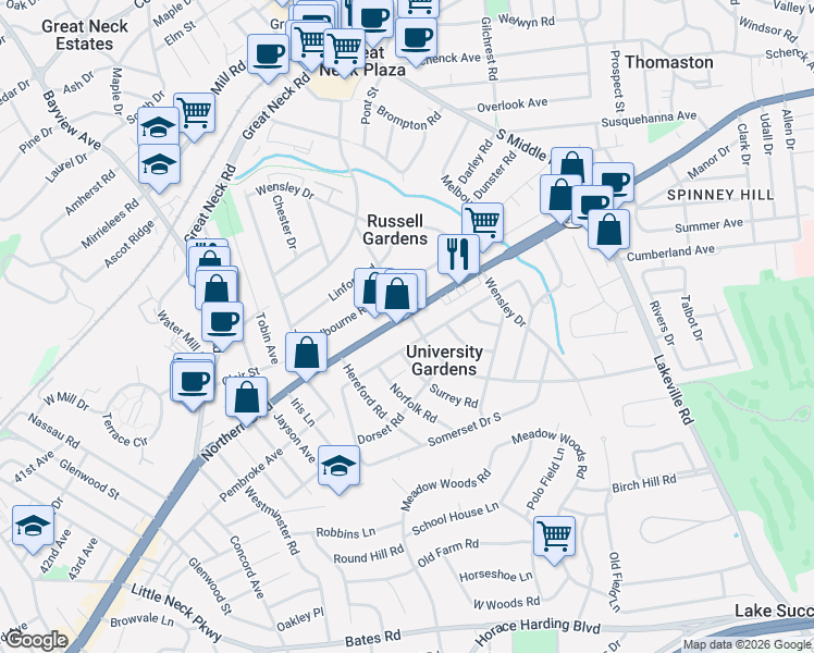 map of restaurants, bars, coffee shops, grocery stores, and more near 415 New York 25A in Great Neck