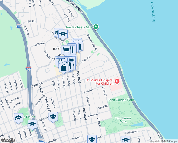 map of restaurants, bars, coffee shops, grocery stores, and more near 214-37 26th Avenue in Queens