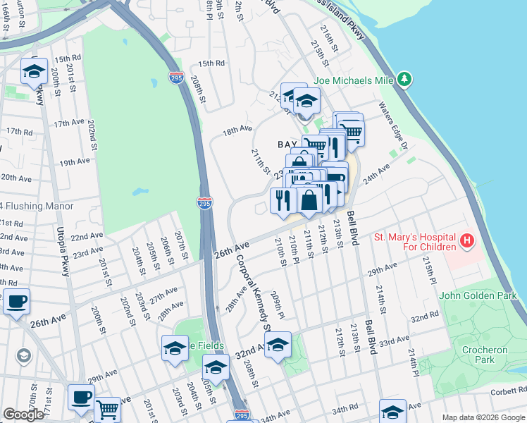 map of restaurants, bars, coffee shops, grocery stores, and more near 2 Bay Club Drive in Queens