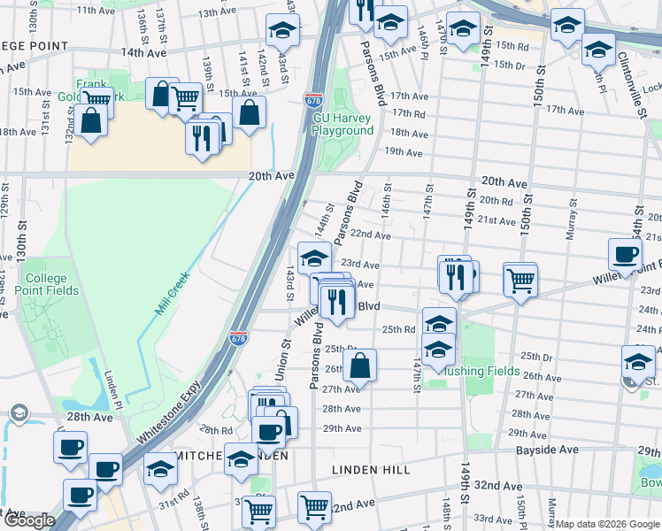 map of restaurants, bars, coffee shops, grocery stores, and more near 144-18 22nd Avenue in Queens