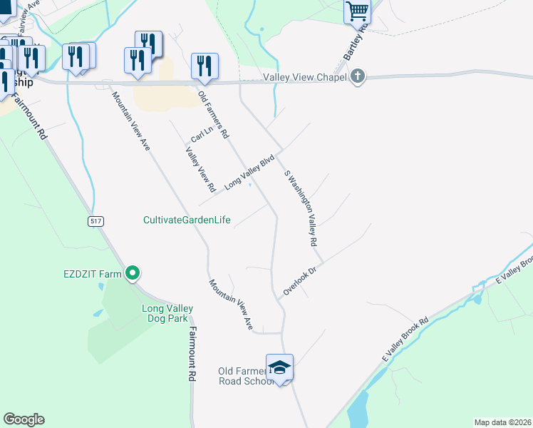 map of restaurants, bars, coffee shops, grocery stores, and more near 26 Old Farmers Road in Long Valley