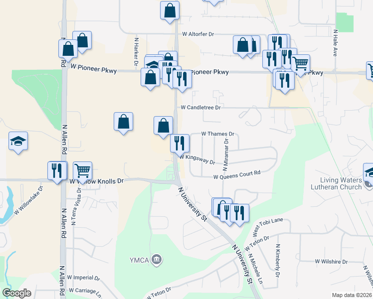 map of restaurants, bars, coffee shops, grocery stores, and more near 7509 North Oxford Place in Peoria