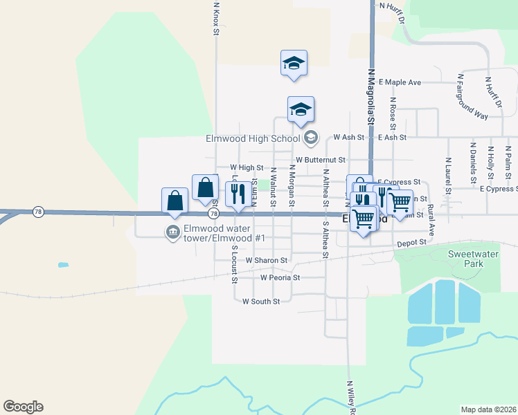 map of restaurants, bars, coffee shops, grocery stores, and more near 506 West Dearborn Street in Elmwood