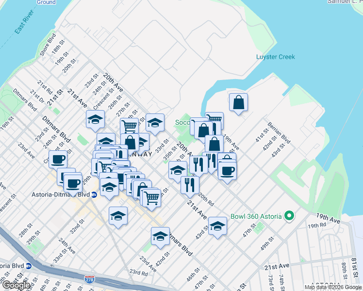 map of restaurants, bars, coffee shops, grocery stores, and more near 20th Avenue in Queens