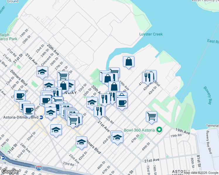 map of restaurants, bars, coffee shops, grocery stores, and more near 130 37th Street in Queens