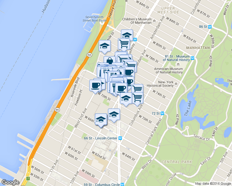 map of restaurants, bars, coffee shops, grocery stores, and more near 224 West 72nd Street in New York