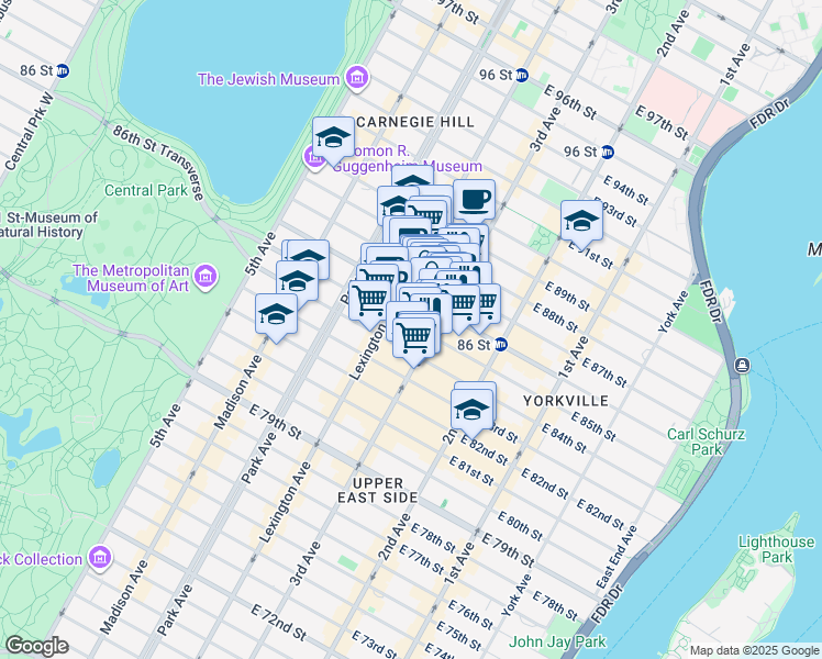 map of restaurants, bars, coffee shops, grocery stores, and more near 172 East 85th Street in New York