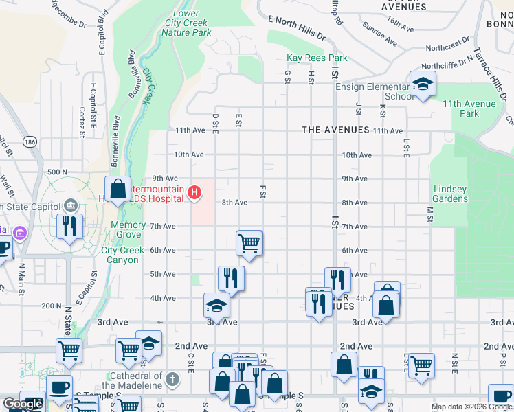 map of restaurants, bars, coffee shops, grocery stores, and more near 440 East 8th Avenue in Salt Lake City