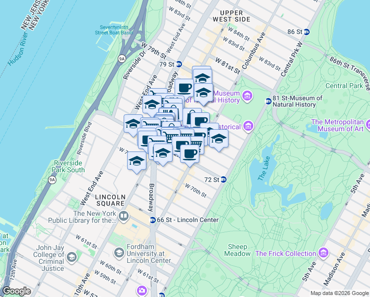 map of restaurants, bars, coffee shops, grocery stores, and more near 126 West 73rd Street in New York