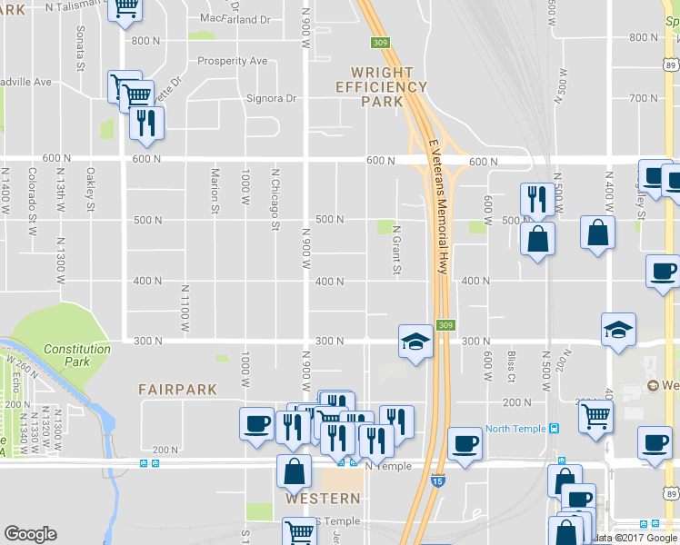 map of restaurants, bars, coffee shops, grocery stores, and more near 836 West 400 North in Salt Lake City