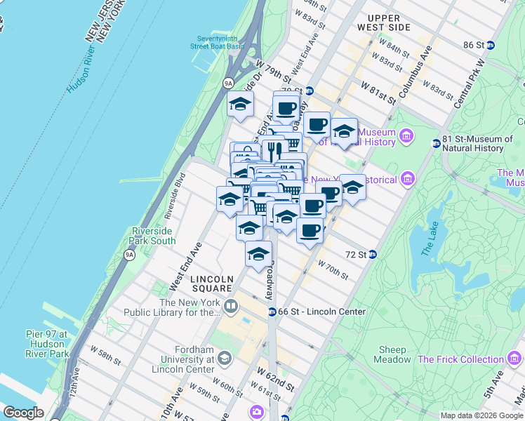 map of restaurants, bars, coffee shops, grocery stores, and more near 224 West 72nd Street in New York