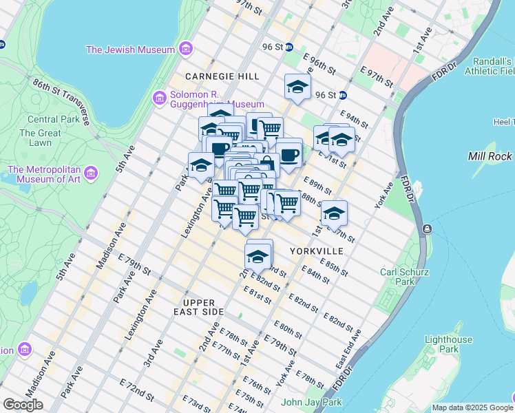 map of restaurants, bars, coffee shops, grocery stores, and more near 1529 3rd Avenue in New York