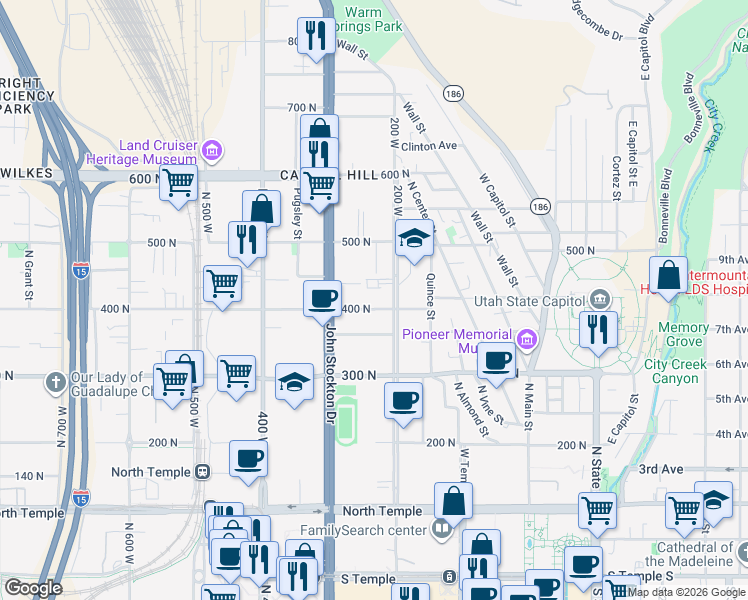 map of restaurants, bars, coffee shops, grocery stores, and more near 248 Bishop Place in Salt Lake City