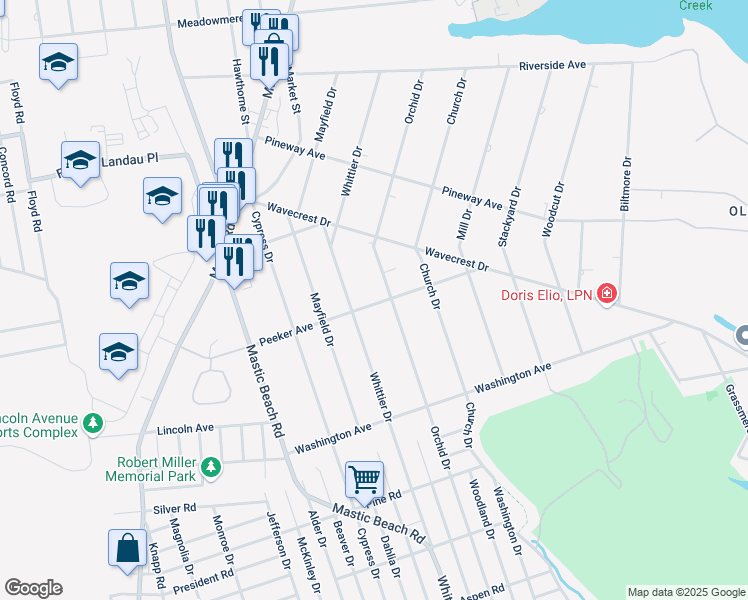 map of restaurants, bars, coffee shops, grocery stores, and more near 300 Orchid Drive in Mastic Beach