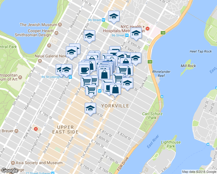 map of restaurants, bars, coffee shops, grocery stores, and more near 311 East 88th Street in New York