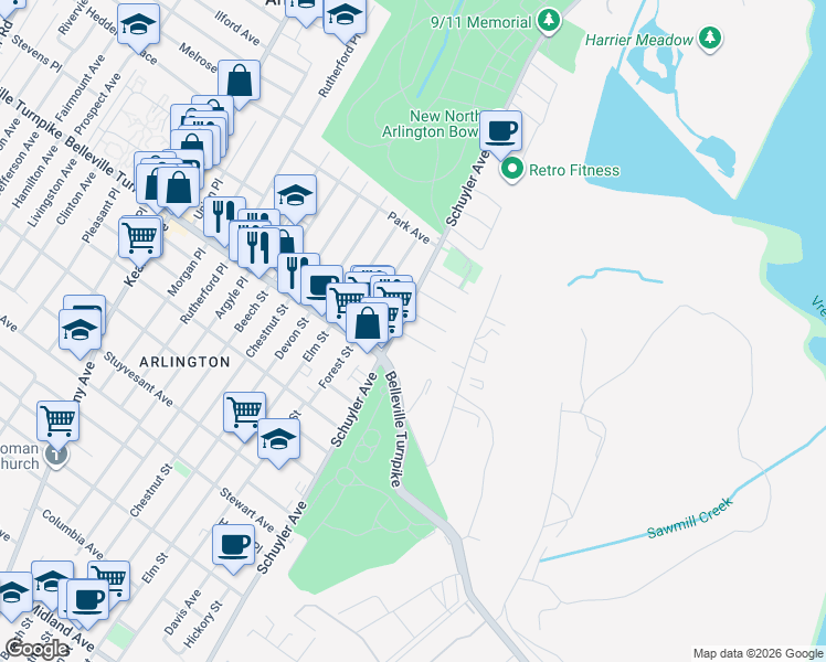 map of restaurants, bars, coffee shops, grocery stores, and more near 13 Renner Place in North Arlington