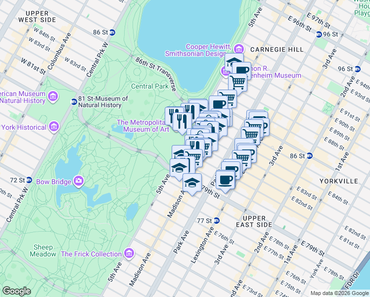 map of restaurants, bars, coffee shops, grocery stores, and more near 1001 5th Avenue in New York