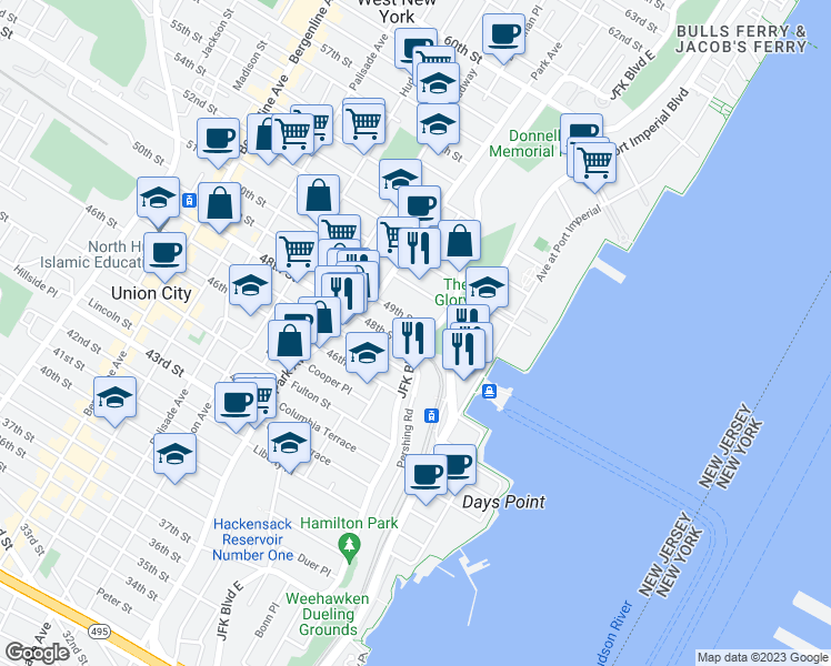 map of restaurants, bars, coffee shops, grocery stores, and more near 997 Boulevard East in Weehawken