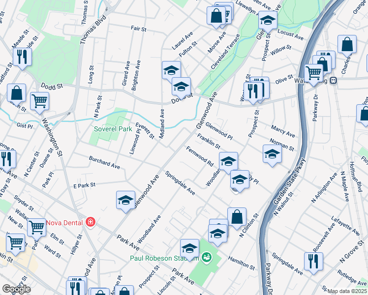 map of restaurants, bars, coffee shops, grocery stores, and more near 262 Glenwood Avenue in East Orange