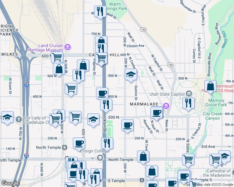 map of restaurants, bars, coffee shops, grocery stores, and more near 230 West 400 North in Salt Lake City