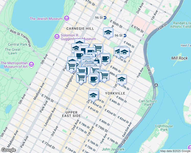 map of restaurants, bars, coffee shops, grocery stores, and more near 237 East 86th Street in New York
