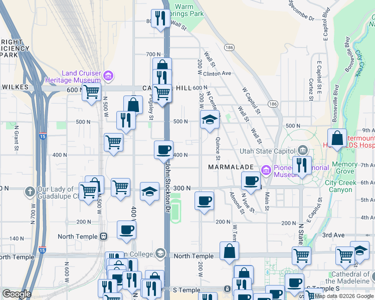 map of restaurants, bars, coffee shops, grocery stores, and more near 230 West 400 North in Salt Lake City