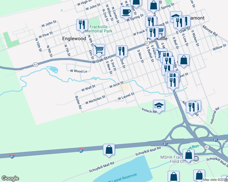 map of restaurants, bars, coffee shops, grocery stores, and more near 502 West Arch Street in Frackville