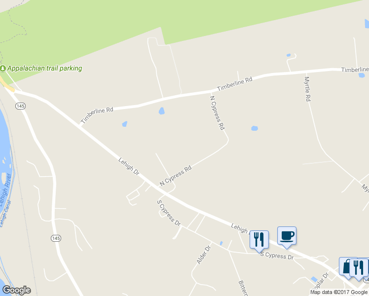 map of restaurants, bars, coffee shops, grocery stores, and more near 4795 North Cypress Road in Walnutport