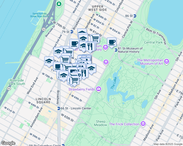 map of restaurants, bars, coffee shops, grocery stores, and more near 35 West 74th Street in New York